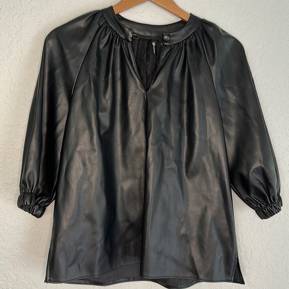 NEW Versona Faux Leather Black Top 1/2 Sleeve Mobwife Boss City Chic